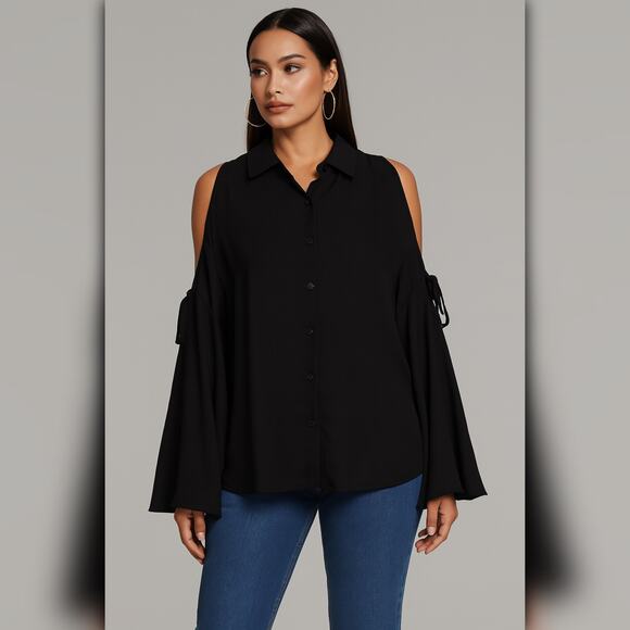 A421 โข Black Sheer Bell Sleeve Button Down Blouse with Tie Sleeve Cutouts - Picture 1 of 2